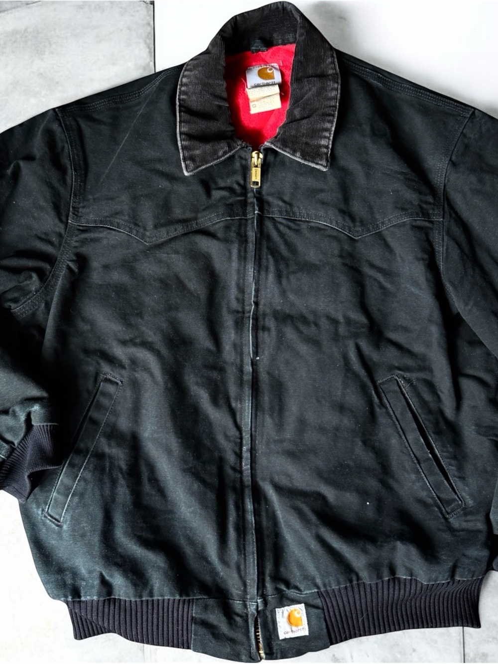 Vintage Carhartt Black Duck Detroit Work Jacket Red Quilt Lined USA Rugged Fade